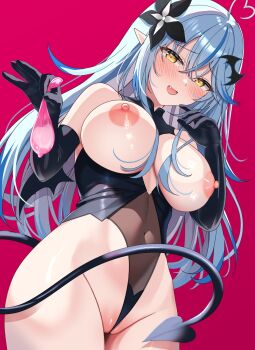 1girl ahoge bare_shoulders black_gloves black_leotard black_tail black_vest black_wings blue_hair blush breasts breasts_out commentary condom covered_navel cowboy_shot demon_girl demon_tail demon_wings elbow_gloves elf eyelashes frontal_wedgie gloves heart heart_ahoge highres holding holding_condom hololive large_breasts leotard multicolored_hair nipples pink_background pink_hair pointy_ears pussy shirohisame simple_background solo symbol-only_commentary tail two-tone_hair used_condom vest virtual_youtuber wedgie wings yellow_eyes yukihana_lamy