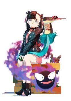 absurdres asymmetrical_bangs backpack bag black_choker black_hair black_jacket black_nails boots choker dragapult dreepy dress dusk_ball earrings gastly gen_1_pokemon gen_8_pokemon green_eyes hair_ribbon highres jacket jewelry kun_(user_tmwh7453) looking_at_viewer marnie_(pokemon) medium_hair morpeko morpeko_(full) nail_polish nintendo open_clothes open_jacket pink_dress poke_ball pokemon pokemon_(creature) pokemon_swsh ribbon sitting sitting_on_object twintails white_background