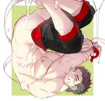 1boy abs ass bandaged_hand bandages bara black_hair black_pants clothes_pull facial_scar gondom green_eyes highres large_pectorals looking_at_viewer male_focus muscular muscular_male nipples original pants pants_pull pants_rolled_up pectorals scar scar_on_arm scar_on_cheek scar_on_face short_hair simple_background smile solo teeth topless_male