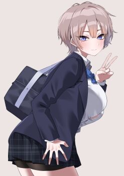 1girl black_jacket black_shorts black_skirt blue_bow blue_bowtie blue_eyes bow bowtie breasts closed_mouth collared_shirt commentary_request gomashi_(goma) grey_hair hair_between_eyes hand_on_own_hip hand_up highres jacket large_breasts long_sleeves looking_at_viewer looking_back mole mole_under_eye open_clothes open_jacket original shirt short_hair shorts simple_background skirt solo v white_shirt