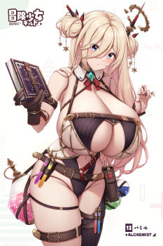 1girl belt blonde_hair blue_eyes blush book breasts brooch cleavage clothing_cutout criss-cross_halter curvy detached_collar double_bun gigantic_breasts gloves hair_bun hair_ornament halterneck highres holding holding_book holster huge_breasts jewelry kannko_bokujou long_hair looking_at_viewer navel navel_cutout one-piece_swimsuit original potion single_glove single_thighhigh solo star_(symbol) star_hair_ornament swimsuit test_tube thick_thighs thigh_belt thigh_holster thigh_strap thighhighs thighs