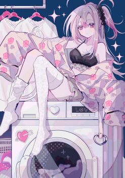 1girl absurdres ahoge arrow_through_heart black_bra black_ribbon blank_stare blue_background bra breasts buttons cleavage closed_mouth collarbone commentary_request dot_nose floral_print frilled_bra frilled_hairband frills hairband hangar heart heart_print highres indoors laundry lingerie long_single_sidelock long_sleeves loose_clothes medium_breasts messy_hair nanamiya_ten original outstretched_arms pajamas partially_unbuttoned pink_hair ponytail red_eyes ribbon see-through_clothes see-through_shirt shirt sidelocks simple_background single_thighhigh sitting sleeves_past_fingers sleeves_past_wrists solo sparkle_print spread_arms thighhighs underwear unworn_clothes unworn_shirt washing_machine
