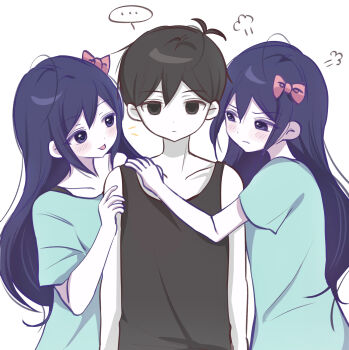 ... 1boy 2girls absurdres antenna_hair aubrey_(headspace)_(omori) aubrey_(omori) bare_shoulders black_eyes black_hair black_tank_top blue_shirt blush bow clone clone_harem closed_mouth collarbone colored_skin double-parted_bangs expressionless hair_between_eyes hair_bow hand_on_another's_shoulder hetero highres kodomo_doushi long_hair long_shirt looking_at_viewer multiple_girls omori omori_(omori) pink_bow purple_eyes purple_hair scene_reference shirt short_hair short_sleeves simple_background speech_bubble spoken_ellipsis t-shirt tank_top tareme tongue tongue_out white_background white_skin wktdms1