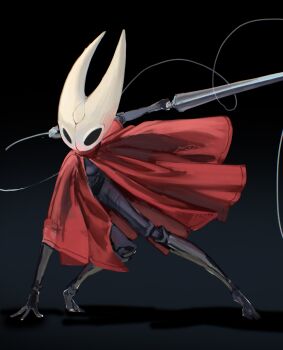 1girl absurdres arm_support arm_up arthropod_girl artist_name black_background black_eyes black_skin blank_eyes cloak colored_skin female_focus fighting_stance full_body furry furry_female highres holding holding_weapon hollow_knight hollow_knight:_silksong hornet_(hollow_knight) joints legs looking_afar marc_brunet needle_(hollow_knight) red_cloak signature simple_background solo standing string weapon