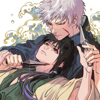 2boys black_hair black_shirt closed_mouth commentary_request cuts eye_contact hair_tie highres holding holding_kunai holding_weapon injury japanese_clothes kunai looking_at_another male_focus momoyoru1 multiple_boys naruto_(series) red_eyes senju_tobirama shirt short_hair simple_background uchiha_izuna weapon white_background white_hair