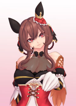 1girl absurdres animal_ears bare_shoulders braid braided_hair_rings breasts brown_hair cleavage closed_mouth commentary_request corset detached_sleeves dress ear_covers ear_ornament gentildonna_(regina_dei_fiori)_(umamusume) gentildonna_(umamusume) gloves hair_between_eyes hair_ornament hair_rings heart-shaped_ornament heart_ear_ornament highres horse_ears horse_girl kozuka_(dilettante) large_breasts long_hair looking_at_viewer red_corset red_eyes see-through_cleavage see-through_clothes solo umamusume white_gloves