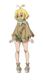 1girl :d ahoge antenna_hair bandages blonde_hair brown_eyes cloak dr._stone e=mc2_(equation) food fruit full_body green_cloak green_shorts hair_between_eyes highres iwasa_yuuko medium_hair official_art open_mouth personification poncho short_hair shorts skirt smile solo standing suika_(dr.stone) watermelon white_background
