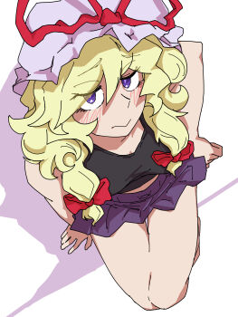 1girl absurdres alternate_costume black_tank_top blonde_hair blush closed_mouth commentary embarrassed from_above hair_between_eyes hair_ribbon hat highres looking_at_viewer looking_up midriff_peek mob_cap okinanocanvas purple_eyes purple_skirt ribbon sitting skirt solo tank_top thighs touhou yakumo_yukari