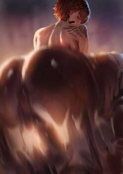 1boy 1girl absurdres ass ass_focus back blurry blush brown_eyes brown_hair dated_commentary delta_(nikke) delta_(ninja_thief)_(nikke) from_behind goddess_of_victory:_nikke hetero highres looking_back penis rororo sex short_hair shoulder_tattoo solo_focus squatting_cowgirl_position tattoo