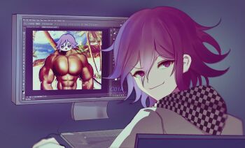 Rule 34 | 1boy, abs, artist name, black background, c01a (cola), chair, checkered clothes, checkered scarf, closed mouth, commentary, computer, danganronpa (series), danganronpa s: ultimate summer camp, danganronpa v3: killing harmony, english commentary, grey jacket, highres, jacket, computer keyboard, looking at viewer, looking back, male focus, monitor, muscular, oma kokichi, palm tree, photoshop (program), pink hair, purple eyes, purple hair, scarf, short hair, sitting, smile, smug, solo, tree, upper body