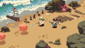 2girls beach bird brown_hair chibi crystal dark dark-skinned_female dark_skin fantasy fish green_hair hairband hat holding holding_sword holding_weapon isometric jellyfish jmw327 log long_hair low-tied_long_hair magic multiple_girls open_mouth original outdoors owl pixel_art robe rock scarf seashell shell sword wand waves weapon white_hairband white_scarf