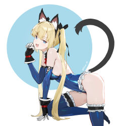 Rule 34 | 1girl, :d, animal ear fluff, animal ears, black gloves, black ribbon, blonde hair, blue background, blue eyes, blue leotard, blue thighhighs, breasts, cat ears, cat tail, commentary, dead or alive, fake animal ears, fake tail, frilled thighhighs, frills, gloves, hair ribbon, highres, kneeling, leotard, long hair, looking at viewer, marie rose, marie rose (devilish servant against the splashing waves), medium breasts, open mouth, ribbon, siino, smile, solo, tail, thighhighs, twintails, two-tone background, white background