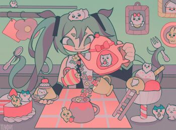 1girl :3 animal animal_on_head aqua_eyes aqua_hair artist_name bare_shoulders black_necktie black_sleeves breasts cake cherry chiikawa chiikawa_(character) closed_eyes closed_mouth creature crossover cup dessert detached_sleeves flower food fork fruit grey_shirt hatsune_miku highres holding holding_fork holding_spoon holding_teapot holding_with_hair ice_cream kitchen ladder long_hair necktie on_head open_mouth shirt sleeveless smile spoon strawberry taffimaya teapot twintails vocaloid
