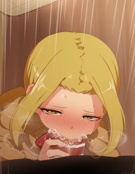 1boy 1girl bar_censor blonde_hair blush censored fellatio hagimura_suzu hetero highres mizumizuni oral penis saliva school_uniform seitokai_yakuindomo sweat tears yellow_eyes