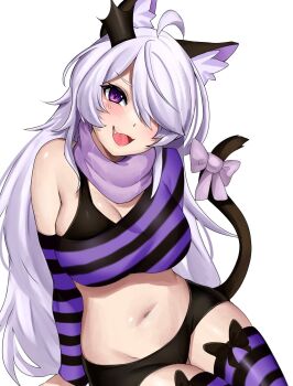 1girl ahoge animal_ears black_shorts bow bow_legwear breasts cat_ears cat_girl cat_tail cleavage commentary commission cowboy_shot english_commentary fang hair_over_one_eye highres large_breasts leiden_yaegore long_hair looking_at_viewer micro_shorts one_eye_covered open_mouth original parted_bangs purple_bow purple_eyes purple_hair purple_scarf purple_shirt purple_thighhighs scarf shirt shorts simple_background single_bare_shoulder smile solo striped_clothes striped_shirt striped_thighhighs tail tail_bow tail_ornament thighhighs white_background
