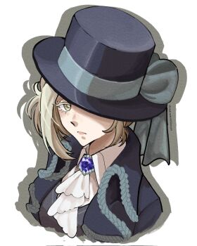 1girl :/ ascot black_coat black_hat blue_bow boater_hat bow coat collared_shirt cropped_torso drop_shadow grey_hair hair_bun hat hat_bow hat_over_one_eye highres looking_at_viewer one_eye_covered reverse:1999 saramin shirt single_side_bun solo upper_body vertin_(reverse:1999) white_ascot white_background white_shirt