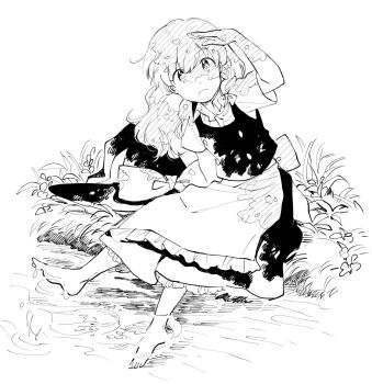 1girl apron back_bow barefoot bow braid buttons collared_shirt commentary_request foliage frilled_apron frills frown full_body greyscale hair_bow hand_up hat hat_bow highres kirisame_marisa long_hair monochrome natsume_(menthol) no_headwear shirt short_sleeves single_braid soaking_feet solo stream touhou unworn_hat unworn_headwear vest white_background witch_hat