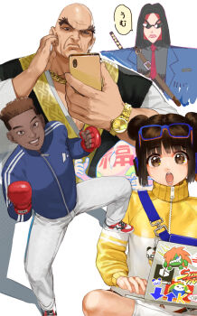 1girl 3boys bald blue-framed_eyewear blue_jacket boxing_gloves brown_eyes cellphone chain character_request computer conto dark-skinned_male dark_skin double_bun eyewear_on_head gold_chain grin guy_(street_fighter) hair_bun highres holding holding_phone jacket japanese_clothes laptop li-fen long_sleeves looking_at_viewer multiple_boys necktie open_mouth pants phone player_character_(street_fighter_6) red_necktie retsu_(street_fighter) scratching_cheek short_hair smartphone smile speech_bubble street_fighter street_fighter_6 sunglasses thick_eyebrows track_jacket very_short_hair watch white_background white_pants wristwatch