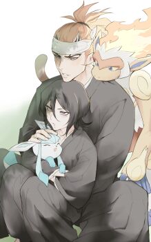 1boy 1girl abarai_renji animal black_eyes black_hair black_hakama black_kimono bleach blue_eyes closed_eyes collarbone crossover fiery_hair forehead_tattoo gen_4_pokemon glaceon hair_between_eyes hair_pulled_back hakama head_on_another's_shoulder headband high_ponytail highres holding holding_animal holding_pokemon infernape japanese_clothes kimono kuchiki_rukia losloslaus monkey nintendo open_mouth petting pokemon pokemon_(creature) ponytail purple_eyes red_hair shihakusho sideburns sitting sitting_on_lap sitting_on_person tail tattoo white_headband