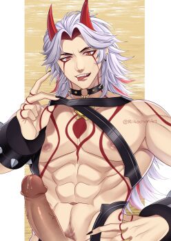 1boy abs arataki_itto artist_name bare_chest choker erection genshin_impact highres horns looking_at_viewer male_focus muscular muscular_male navel nipples o-ring o-ring_choker oni oni_horns open_mouth penis red_horns riikochan solo spiked_choker spikes teeth tongue tongue_out topless_male twitter_username uncensored upper_body watermark white_hair