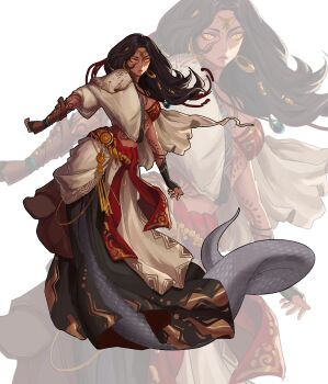 1girl 774yhhc absurdres arabian_clothes black_skirt breasts brown_hair color_trace earrings expressionless gold_earrings gold_headdress gold_trim grey_scales hair_ornament headdress henna highres hoop_earrings jewelry jewelry_request key_frame lamia looking_at_viewer medium_breasts midriff monster_girl multiple_views original production_art revealing_clothes scales silhouette single_vambrace skirt slit_pupils sun_glare vambraces white_background yellow_eyes zoom_layer