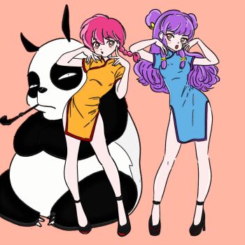 Rule 34 | 2girls, absurdres, bell, blue dress, braid, braided ponytail, chinese clothes, commentary request, double bun, dress, firework japan, hair bell, hair bun, hair ornament, high heels, highres, multiple girls, orange dress, panda, purple hair, ranma-chan, ranma 1/2, red hair, saotome genma (panda), shampoo (ranma 1/2), simple background
