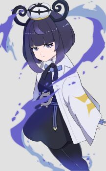 1girl belt black_dress black_pantyhose blue_gloves blunt_bangs bob_cut closed_mouth coat dress eyelashes gloves gwynn_(pokemon) hachimituchoco hat highres long_sleeves looking_at_viewer nintendo o-ring o-ring_belt open_clothes open_coat pantyhose partially_fingerless_gloves pokemon pokemon_legends:_z-a purple_eyes purple_hair short_hair sleeves_past_wrists solo white_background white_coat