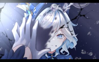 1girl absurdres against_mirror ahoge blue_eyes blue_gemstone blue_hair blue_hat blue_jacket broken_mirror brooch crying crying_with_eyes_open drop-shaped_pupils furina_(genshin_impact) gem genshin_impact gloves hat highres jacket jewelry light_blue_hair mirror multicolored_hair ouji_fashion popo_y reflection solo streaked_hair symbol-shaped_pupils tears top_hat white_gloves
