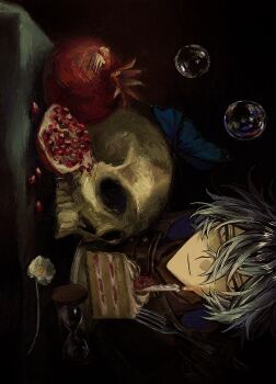 1boy black_background black_gloves blue_butterfly blue_hair bug butterfly cake candle closed_mouth flins_(genshin_impact) flower food fork fruit genshin_impact gloves highres holding holding_fork hourglass insect looking_at_viewer male_focus oversleep0503 pomegranate sideways skull soap_bubbles solo white_flower yellow_eyes