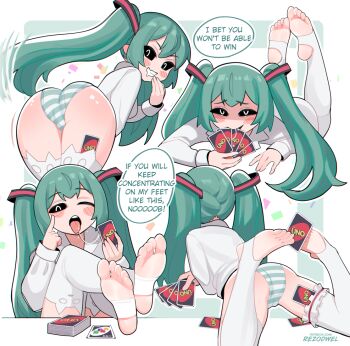 1girl animal_ear_legwear artist_name ass bent_over black_sclera blush blush_stickers card cat_ear_legwear colored_sclera commentary_request crossed_ankles drooling english_text eyelid_pull feet feet_on_table feet_up frilled_thigh_strap green_hair grin hair_ornament hatsune_miku holding holding_card long_hair long_sleeves looking_at_viewer lying mesugaki mimukauwa_nice_try_(vocaloid) mouth_drool multiple_views no_pants no_shoes on_stomach open_mouth panties patreon_username rezodwel shirt smile soles speech_bubble stirrup_legwear striped_clothes striped_panties teeth thigh_strap thighhighs toeless_legwear toes tongue tongue_out twintails underwear uno_(game) upper_teeth_only very_long_hair vocaloid watermark web_address white_shirt white_thighhighs
