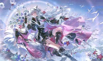 1girl absurdres animal_ear_fluff animal_ears arknights bird black_boots black_cape black_dress black_gloves boots cape cloud day dress fengjian_yuzhi flower foot_out_of_frame full_body gloves grey_eyes hair_between_eyes hair_ornament hairpin happy_birthday highres lappland_(arknights) long_sleeves looking_at_flowers mountain necktie open_hand outdoors parted_lips red_flower scar scar_across_eye scar_on_face sidelocks sky solo two-sided_cape two-sided_fabric white_bird white_flower