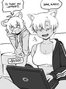 &lt;|&gt;_&lt;|&gt; 2girls :d ahoge angry animal_ear_fluff animal_ears arm_support arms_at_sides asymmetrical_bangs blank_eyes breasts cat_ears cat_girl cleavage collarbone commentary computer couch curtained_hair dark-skinned_female dark_skin dot_nose double-parted_bangs drawstring earrings english_commentary english_text evil_grin evil_smile extra_ears eyebrows_hidden_by_hair fang feet_out_of_frame furrowed_brow go!_go!_gris! greyscale grin hair_between_eyes hair_over_one_eye half-closed_eyes head_tilt highres hood hood_down hooded_jacket hoodie indian_style indoors jacket jaw_drop jewelry kara_(go!_go!_gris!) laptop large_breasts laughing leaning_forward long_sleeves looking_at_another looking_at_screen looking_down looking_to_the_side monochrome mouse_ears mouse_girl multiple_girls narrowed_eyes naughty_face notice_lines o_o object_on_lap on_floor open_clothes open_jacket open_mouth original parted_bangs perl_(go!_go!_gris!) raised_eyebrows rectangular_mouth scam short_hair shouting sidelocks single_bare_shoulder single_off_shoulder sitting sleeves_past_wrists smile speech_bubble sports_bra squinting stud_earrings talking triple_vertical_stripe two-sided_fabric two-sided_jacket typing v-shaped_eyebrows v_arms vertigris white_background