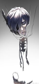 1boy 1other android blood blood_on_face blue_blood blue_hair cable chinese_commentary clarence_clayden clarence_clayden_(awakening) closed_eyes commentary_request crabwzzzz cracked_skin facing_viewer gradient_background grey_background hair_between_eyes highres holding holding_detached_head lovebrush_chronicles male_focus missing_eye mole mole_under_eye monochrome_background motion_blur out_of_frame parted_lips robot_ears severed_head short_hair simple_background solo spine watermark weibo_watermark white_background