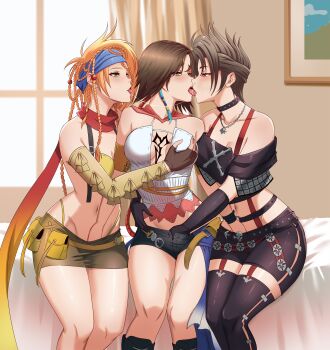 3girls absurdres bed bikini blonde_hair blue_eyes brown_hair collar commentary commission detached_sleeves english_commentary fff_threesome final_fantasy final_fantasy_x final_fantasy_x-2 fingerless_gloves french_kiss girl_sandwich gloves grabbing_another&#039;s_breast green_eyes grey_hair groping group_sex hand_in_another&#039;s_clothes hand_in_another&#039;s_skirt heterochromia highres jewelry kiss leofoxart miniskirt multiple_girls necklace paine_(ff10) red_eyes rikku_(ff10) saliva saliva_trail sandwiched scarf short_shorts shorts sitting skirt studded_collar swimsuit thighs thong threesome tongue tongue_out variant_set yellow_bikini yuna_(ff10) yuri
