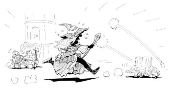 1girl 2boys absurdres animal_head armor bird_boy breastplate dark-skinned_female dark_skin dress elden_ring elden_ring_nightreign executor_(elden_ring) full_body greaves greyscale guardian_(elden_ring) halberd hat helmet highres holding holding_polearm holding_staff holding_weapon kangyaku long_hair monochrome multiple_boys open_mouth pauldrons polearm profile recluse_(elden_ring) running sandals shoulder_armor staff tree_stump weapon wide_sleeves witch_hat