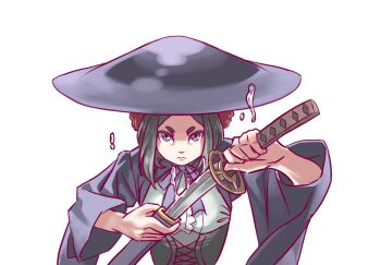 Rule 34 | 1girl, anjuro zeeku, black hair, black hat, flower, hair flower, hair ornament, hat, kagurabachi pose (meme), looking at viewer, meme, princess principal, sheath, simple background, solo, toudou chise, unsheathing, upper body, water drop, white background