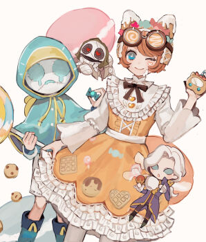 1girl 2boys animal_ear_hairband animal_ears blue_capelet blue_coat blue_eyes blue_hood boots bow bowtie bright_pupils brown_bow brown_bowtie candy capelet cat_ear_hairband cat_ears chibi clothes_pull coat cowboy_shot cup dress dress_pull fake_animal_ears food frilled_dress frilled_shirt_collar frills goggles goggles_on_head hair_intakes hairband highres hoge_(n8sss) holding holding_candy holding_cup holding_food holding_lollipop hood hooded_capelet identity_v joseph_desaulniers lolita_fashion lollipop looking_at_viewer mask multiple_boys official_alternate_costume one_eye_closed orange_dress orange_hair oversized_food oversized_object pantyhose print_dress robbie_(identity_v) robbie_(wail)_(identity_v) rubber_boots short_hair shorts smile solid_eyes sweet_lolita teacup tracy_reznik tracy_reznik_(candy_girl) wavy_hair white_hair white_pantyhose white_pupils white_shorts