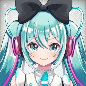 Rule 34 | 1girl, absurdres, aqua eyes, aqua hair, black bow, bow, closed mouth, collared shirt, commentary, hair between eyes, hair bow, hair ornament, hatsune miku, headphones, highres, long hair, magical mirai (vocaloid), magical mirai miku, magical mirai miku (2016), official alternate costume, saki (syauki1119), shirt, smile, twintails, very long hair, vocaloid, white shirt
