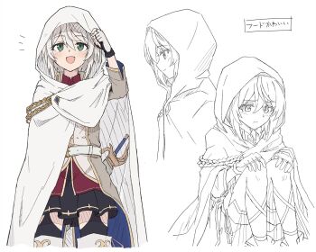 Rule 34 | 1girl, :d, amnesia (majo no tabitabi), belt, black skirt, blush, boots, chain, cloak, closed mouth, fingerless gloves, gloves, green eyes, grey hair, hair between eyes, hands on own knees, hood, hood up, hooded cloak, long sleeves, majo no tabitabi, multiple views, open mouth, partially colored, pleated skirt, shiroirosky, simple background, sitting, skirt, smile, sword, thighhighs, weapon, white background, white cloak, white gloves