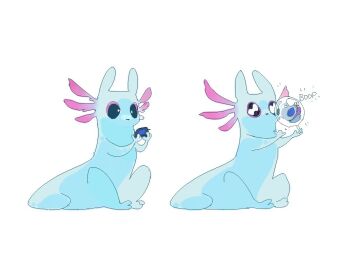 axolotl_ears black_eyes blue_skin bubble_fruit_(rain_world) colored_sclera colored_skin commentary creature english_commentary food happy holding holding_food invisible_floor looking_at_food no_humans no_mouth oranpeeler pink_sclera rain_world rivulet_(rain_world) sequential simple_background sitting slugcat white_background