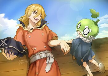 1boy 1girl absurdres aged_down artist_name belt blonde_hair blue_sky boat buttons cloud coat dated day dr._stone food fruit full_body hair_between_eyes hat highres holding long_hair looking_at_another male_focus mask medium_hair multiple_boys nanami_ryuusui okkobc open_mouth outdoors pirate pirate_hat rope rope_around_neck sandals sky smile suika_(dr.stone) teeth unworn_hat unworn_headwear upper_teeth_only watercraft watermelon white_belt white_rope yellow_eyes