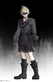 Rule 34 | 9s (nier:automata), 9s (nier:automata) (cosplay), black boots, black choker, black gloves, black jacket, black shorts, blindfold, blonde hair, boots, choker, closed mouth, cloud strife, cloud strife (scanner ensemble), collarbone, commentary request, cosplay, final fantasy, final fantasy vii, final fantasy vii: ever crisis, full body, gloves, gradient background, highres, jacket, long sleeves, male focus, minaminooyama, nier:automata, nier (series), official alternate costume, short hair, shorts, spiked hair, standing, twitter username