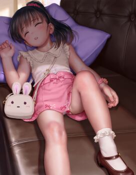 1girl absurdres animal_bag asakuraf bag black_hair bow bow_skirt bracelet brown_shoes closed_eyes collared_shirt couch dress_shirt flower_bracelet food_print frilled_shirt frills fruit_print fukuyama_mai hair_ornament hair_scrunchie head_on_pillow highres idolmaster idolmaster_cinderella_girls jewelry large_variant_set loli long_hair lying mary_janes on_back on_couch panties pantyshot parted_lips pillow pink_bow pink_skirt polka_dot polka_dot_scrunchie ponytail print_panties rabbit_bag red_scrunchie scrunchie shirt shoes shoulder_bag skirt sleeping socks solo strawberry_panties strawberry_print textless_version underwear upskirt variant_set white_bag white_panties white_shirt white_socks