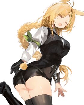 Rule 34 | 1girl, ahoge, animal ears, arknights, ass, black boots, black gloves, black shorts, black vest, boots, breasts, closed eyes, commentary request, fumi (rdbm), gloves, highres, kroos (arknights), kroos the keen glint (arknights), large breasts, long hair, open mouth, orange hair, rabbit ears, rabbit girl, rabbit tail, shirt, short shorts, shorts, simple background, single glove, smile, solo, tail, thighs, very long hair, vest, white background, white shirt