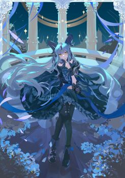 1girl alternate_hair_length alternate_hairstyle arknights bang_dream! bang_dream!_it&#039;s_mygo!!!!! black_boots black_dress black_gloves black_horns black_pantyhose black_ribbon blue_hair boots closed_mouth column crescent curled_horns detached_collar dress finger_to_mouth flower frilled_dress frills full_body gloves highres horns index_finger_raised long_hair looking_at_viewer moon_phases nao_dong_panzi_zone pantyhose pillar ribbon sidelocks sitting solo sparkle togawa_sakiko togawa_sakiko_(master_of_melodia) two_side_up very_long_hair yellow_eyes