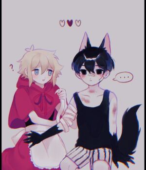 Rule 34 | ..., 2boys, ?, alternate costume, animal ears, antenna hair, arm support, bandaged arm, bandages, bandaid, bandaid on cheek, bandaid on face, bandaid on nose, basil (faraway) (omori), basil (omori), black eyes, black hair, blonde hair, blue eyes, blush, closed mouth, colored skin, commentary, double-parted bangs, english commentary, grey background, hair between eyes, highres, kemonomimi mode, looking at another, looking at viewer, male focus, multiple boys, omo taru, omori, omori (omori), parted lips, short hair, shorts, simple background, sitting, smile, speech bubble, spoken ellipsis, striped clothes, striped shorts, tail, vertical-striped clothes, vertical-striped shorts, white shorts, white skin, wolf boy, wolf ears, wolf tail