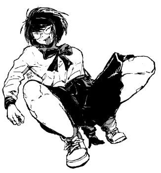 1girl artist_name bandaid_on_thigh blupixl borrowed_character full_body grey_background highres jimiko jitome mob_face monochrome open_mouth original pleated_skirt school_uniform serafuku she_(hachinuki_tetsuyo) shoes short_hair simple_background skirt sneakers solo squatting sweatdrop tongue tongue_out white_background