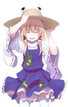 Rule 34 | 1girl, adjusting clothes, adjusting headwear, animal print, arms up, blonde hair, brown hat, closed eyes, colored eyelashes, commentary request, cowboy shot, crote, facing viewer, frilled skirt, frills, frog print, hair between eyes, hair ribbon, hat, highres, large variant set, legs apart, long sleeves, medium hair, moriya suwako, open mouth, petticoat, purple skirt, purple vest, ribbon, ribbon-trimmed sleeves, ribbon trim, shirt, sidelocks, skirt, solo, standing, tachi-e, teeth, thighhighs, touhou, transparent background, turtleneck, turtleneck shirt, u u, upper teeth only, variant set, vest, white shirt, white thighhighs