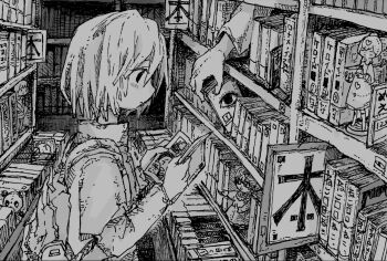1girl backpack bag book bookshelf crosshatching disembodied_hand expressionless figure from_side greyscale hatching_(texture) highres holding holding_manga honezuki indoors jacket layered_sleeves library long_sleeves manga_(object) monochrome original profile reading short-sleeved_jacket short_over_long_sleeves short_sleeves