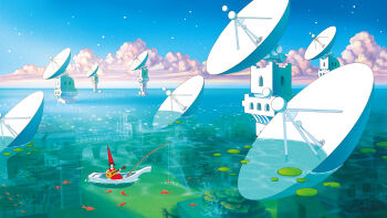 1girl blue_sky blue_theme boat building cloud fantasy fish fishing fishing_rod guitar highres holding holding_fishing_rod lily_pad original outdoors parabolic_antenna playing_guitar playing_instrument scenery shirt sky standing star_(sky) starry_sky surreal umbrella water watercraft wide_shot yukoiwase